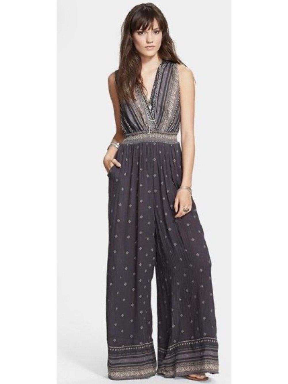 Free People Brown Sleeveless V-Neck Wide-Leg Jumpsuit